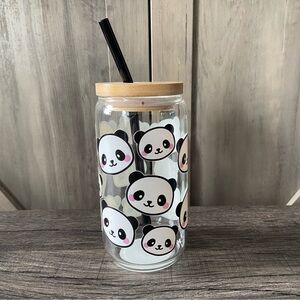 Laws & Oaks Glass Panda Themed Cup with Bamboo Lid and Glass Straw NWT